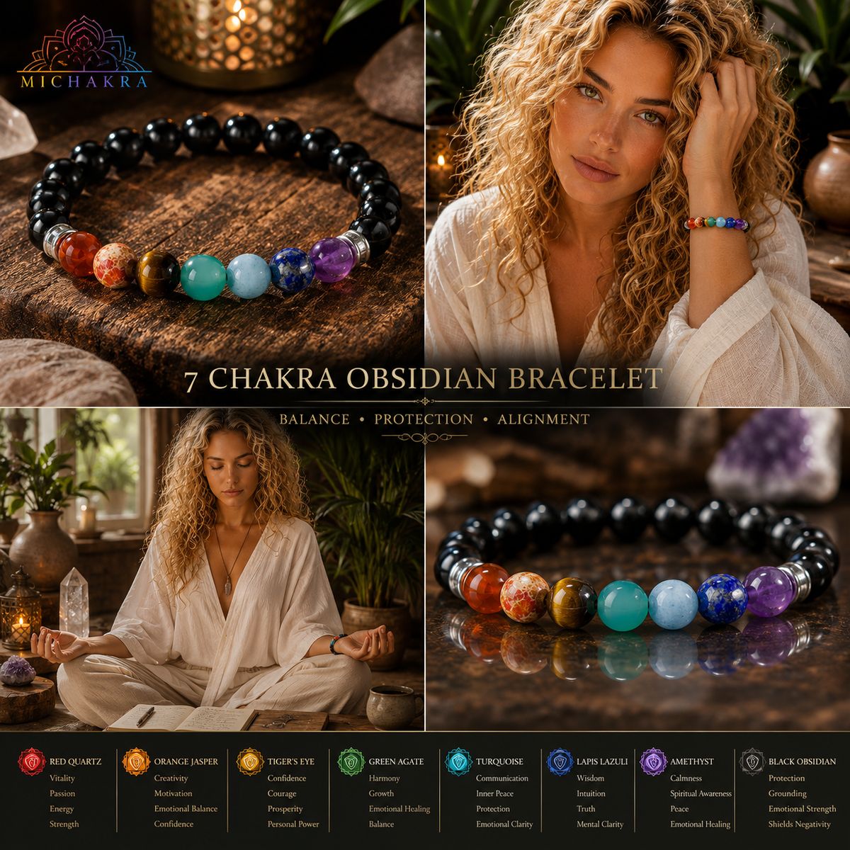 7 Chakra Obsidian Bracelet -  Red Agate • Orange Jasper • Tiger’s Eye • Green Agate • Turquoise • Lapis Lazuli • Amethyst • Black Obsidian - Mi Chakra