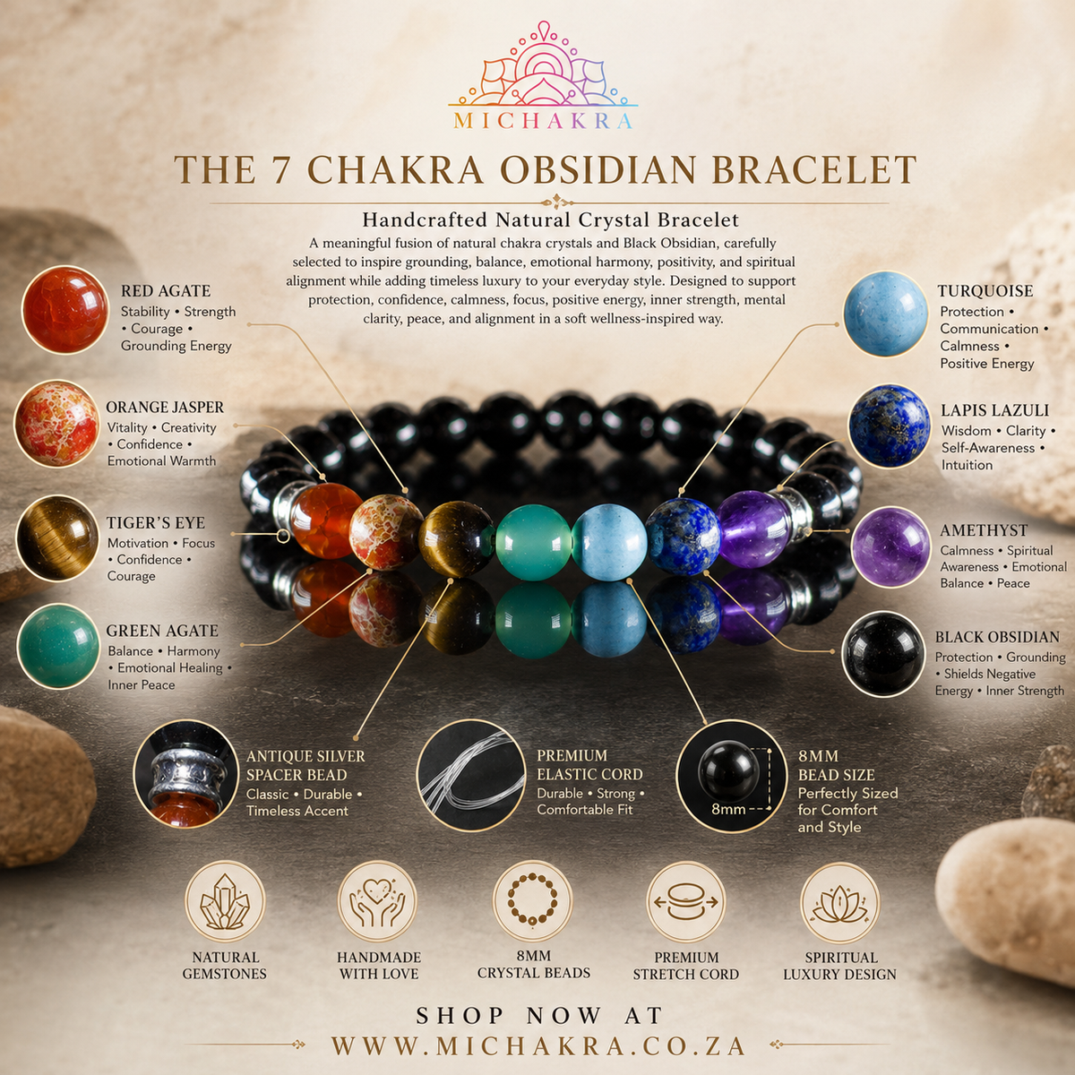 7 Chakra Obsidian Bracelet -  Red Agate • Orange Jasper • Tiger’s Eye • Green Agate • Turquoise • Lapis Lazuli • Amethyst • Black Obsidian - Mi Chakra