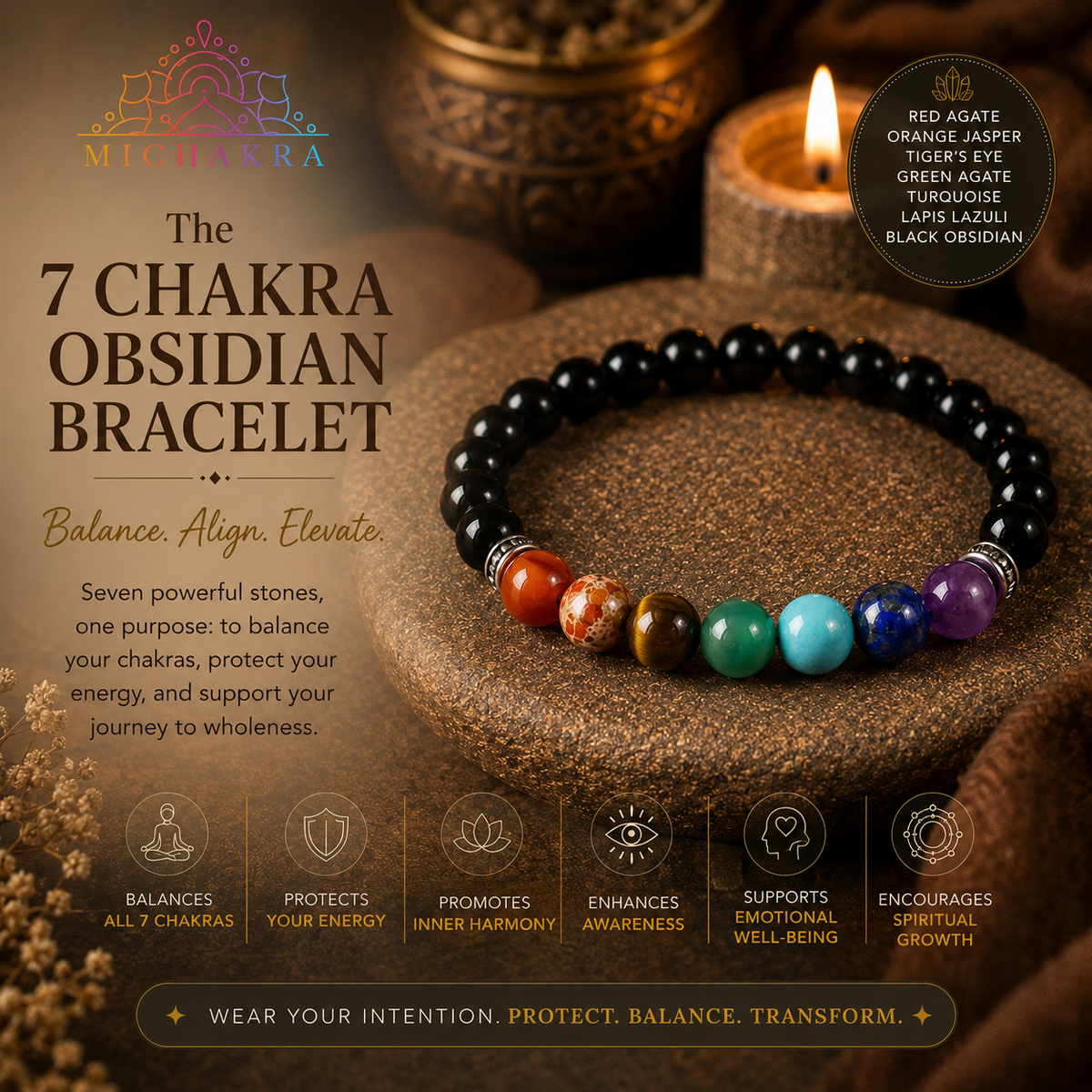 7 Chakra Obsidian Bracelet -  Red Agate • Orange Jasper • Tiger’s Eye • Green Agate • Turquoise • Lapis Lazuli • Amethyst • Black Obsidian - Mi Chakra