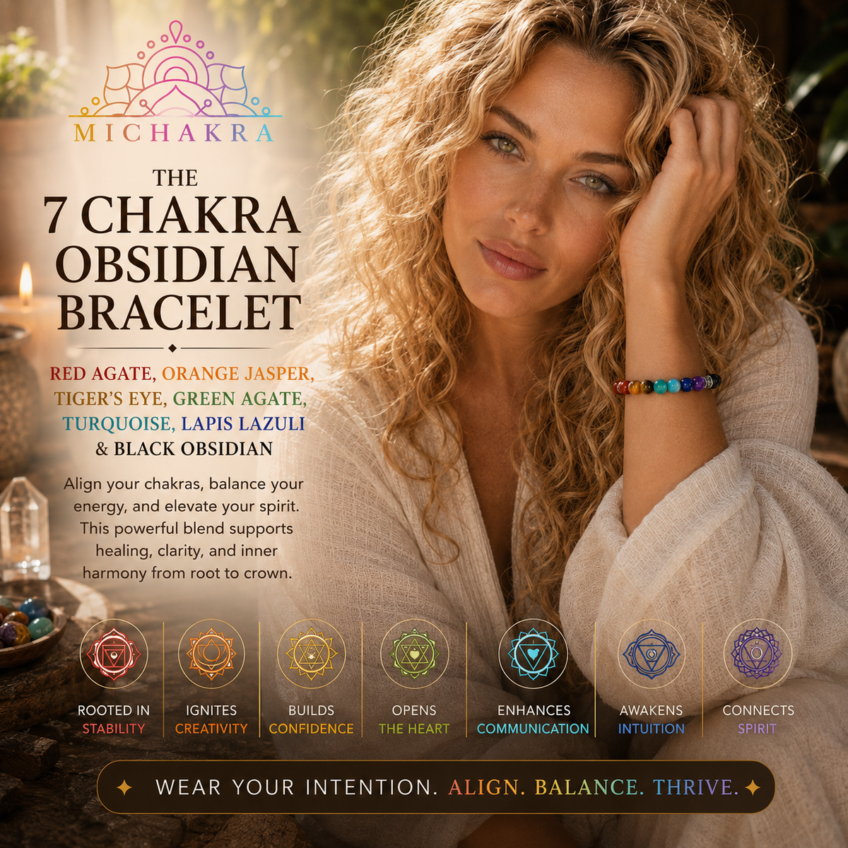 7 Chakra Obsidian Bracelet -  Red Agate • Orange Jasper • Tiger’s Eye • Green Agate • Turquoise • Lapis Lazuli • Amethyst • Black Obsidian - Mi Chakra