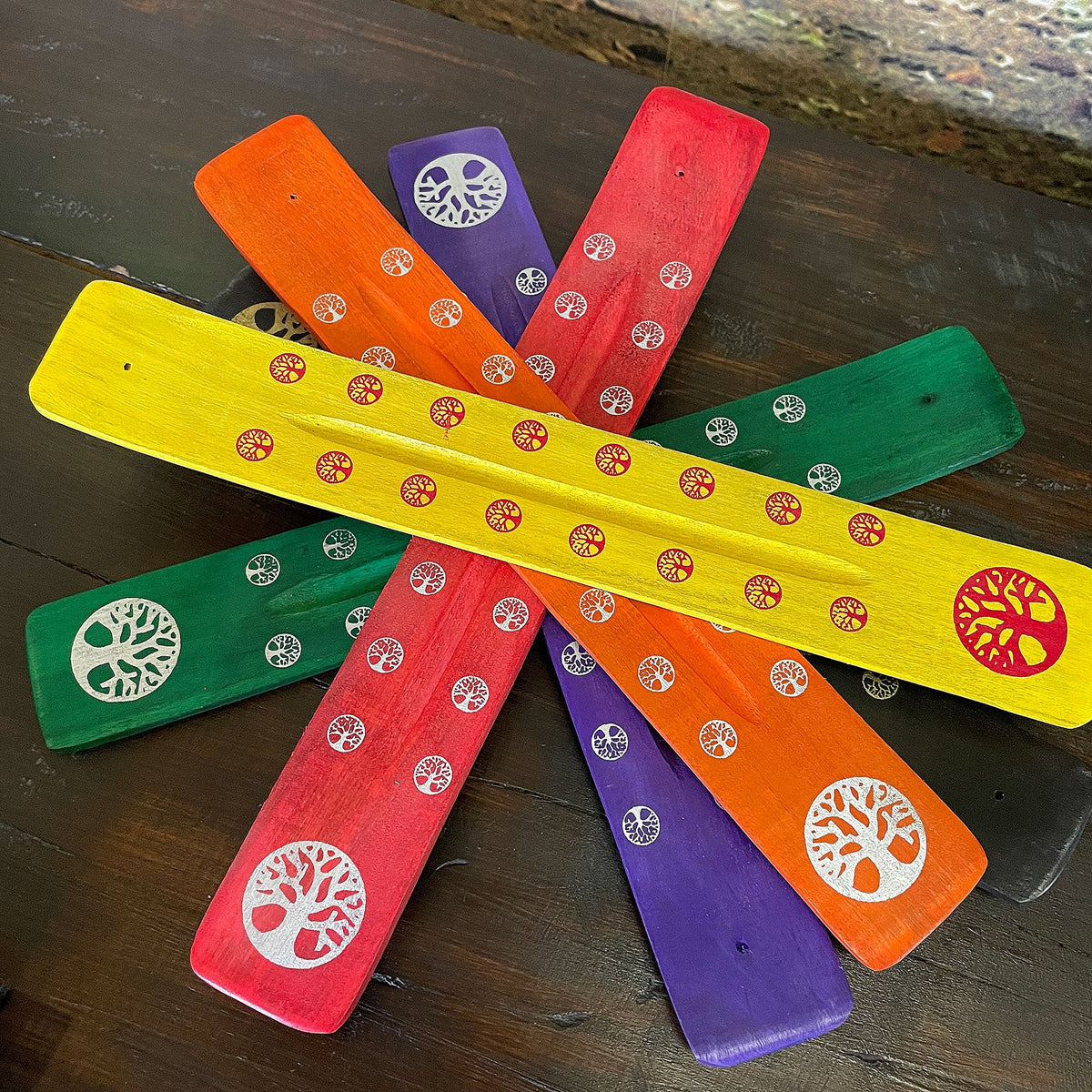 Wooden flat incense holder - tree of life Mi Chakra