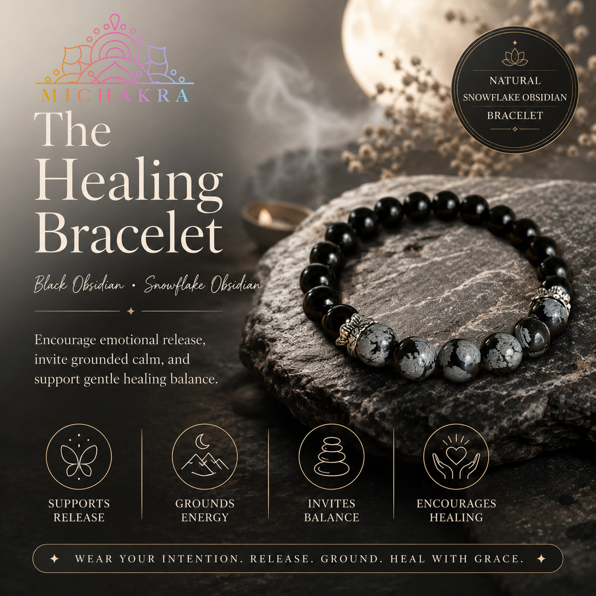 The Healing Bracelet (Snowflake Obsidian) Mi Chakra