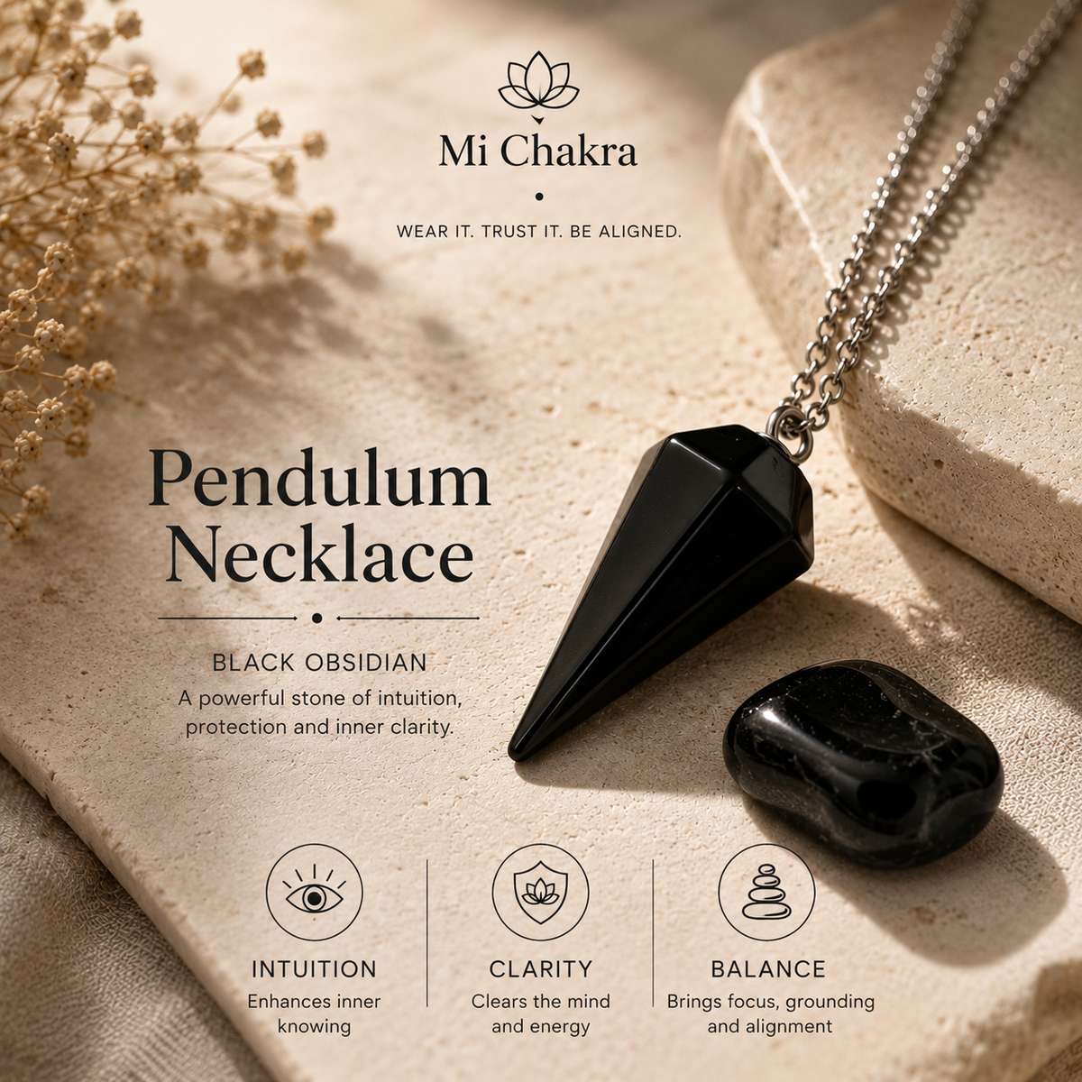 Pendulum Necklace - Black Obsidian Mi Chakra