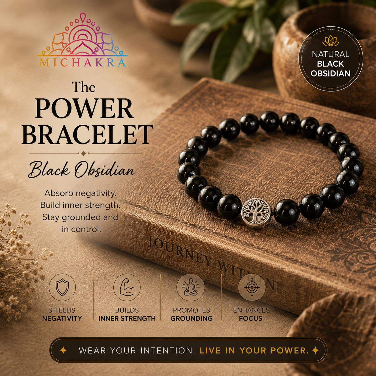 The Power Bracelet - Black Obsidian - Mi Chakra