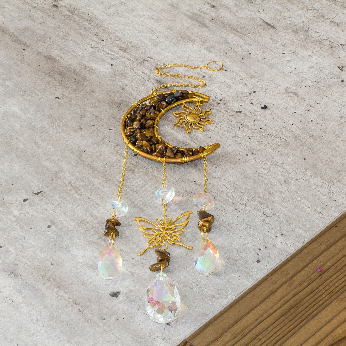 Natural Tiger&#39;s Eye Chip &amp; Metal Moon Hanging Suncatcher Mi Chakra