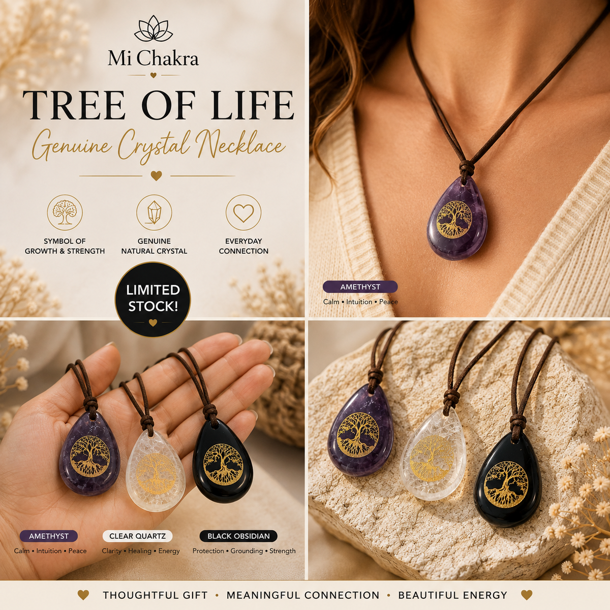 Tree of life Drop Necklace - Brown Leather Mi Chakra