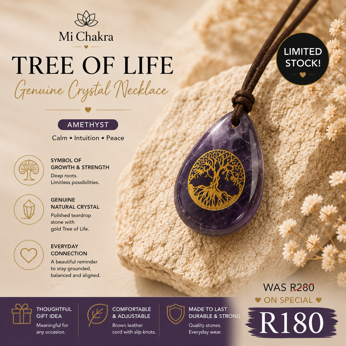 Tree of life Drop Necklace - Brown Leather Mi Chakra