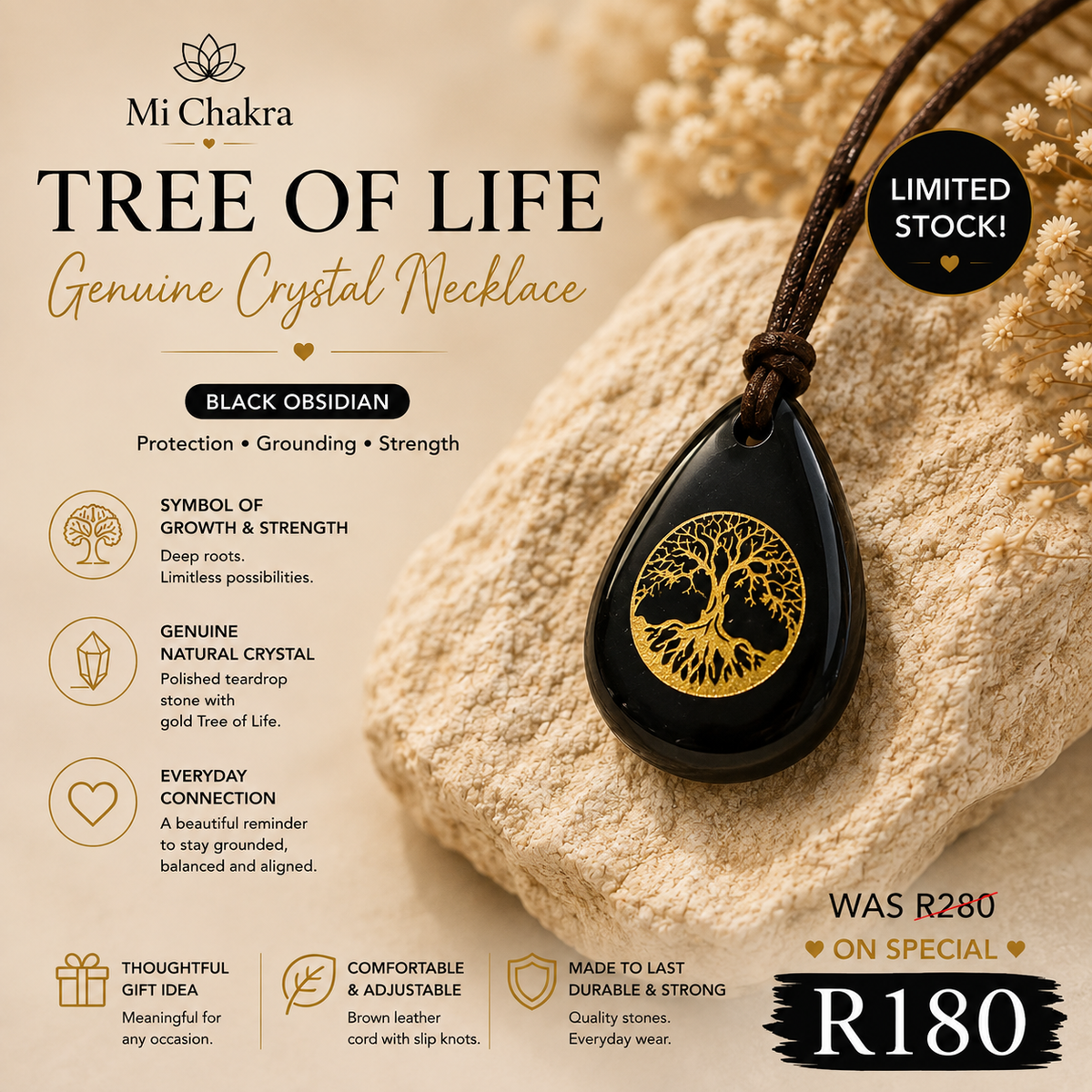 Tree of life Drop Necklace - Brown Leather Mi Chakra