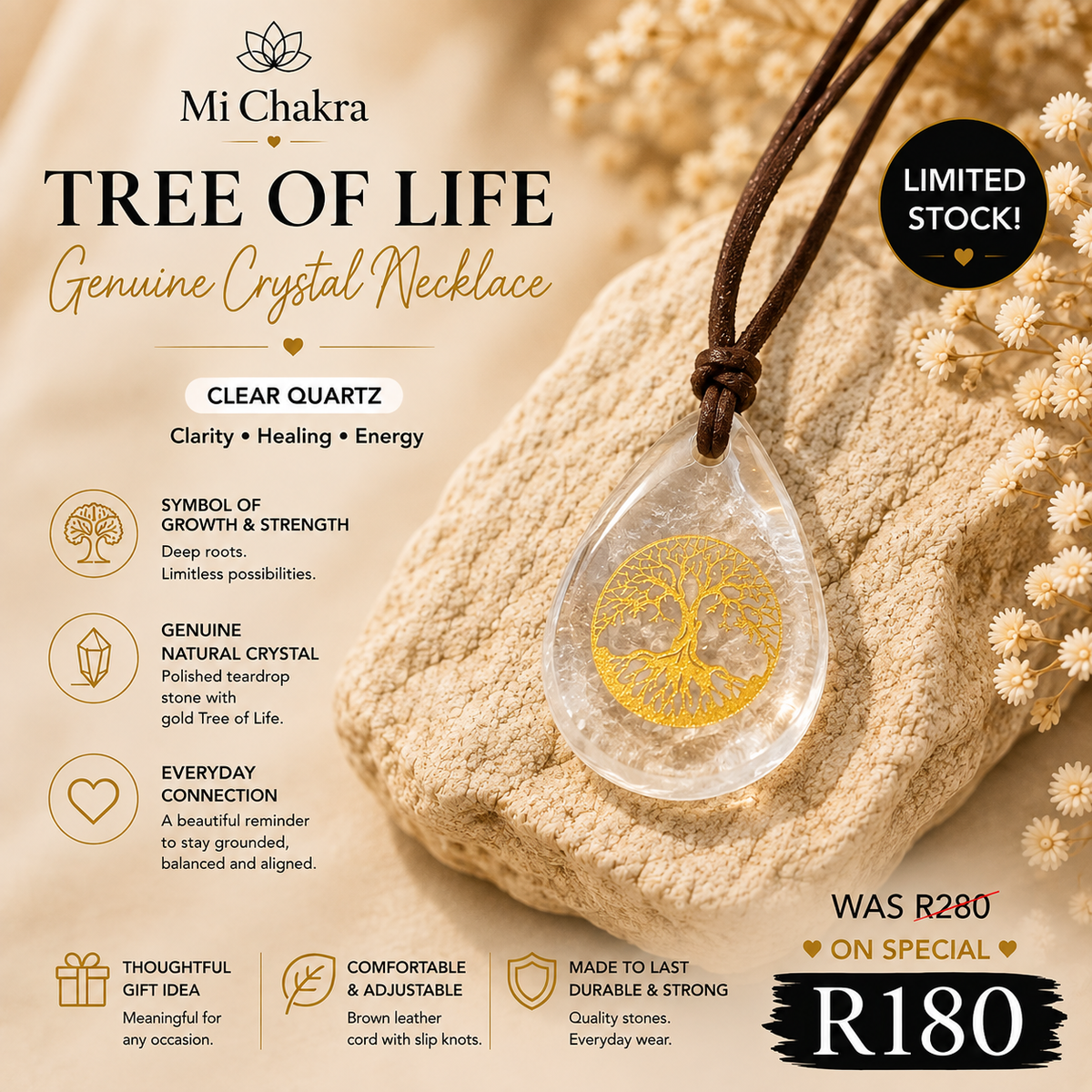 Tree of life Drop Necklace - Brown Leather Mi Chakra