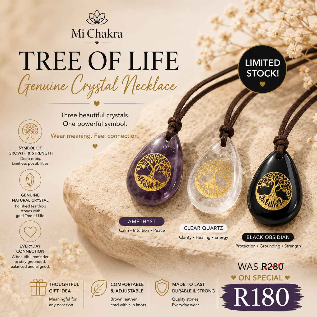 Tree of life Drop Necklace - Brown Leather Mi Chakra