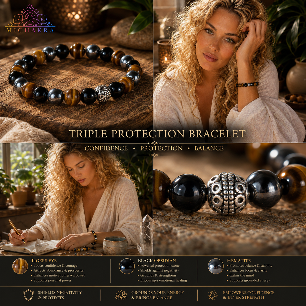 Triple Protection Bracelet Yellow 💛 Tigers Eye -  Mi Chakra