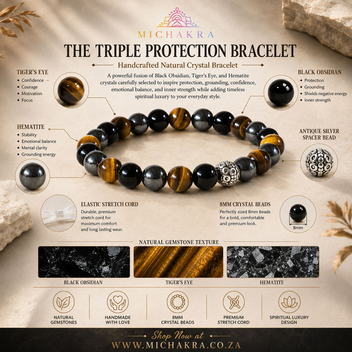Triple Protection Bracelet Yellow 💛 Tigers Eye -  Mi Chakra