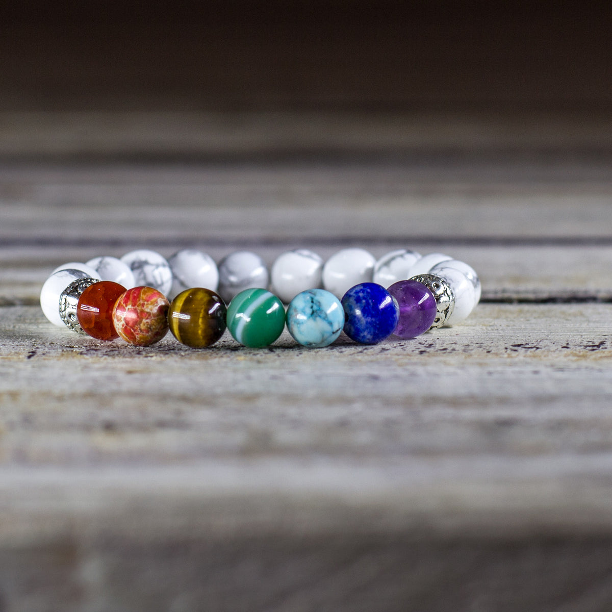Seven Chakra Bracelet with White Agate Beads